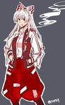  bow cigarette fujiwara_no_mokou hair_bow hair_ribbon hands_in_pockets highres long_hair red_eyes ribbon silver_hair sketch smoking solo syn touhou vest 