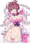  absurdres bad_id bad_pixiv_id blush breasts brown brown_hair dress flower frilled_dress frilled_skirt frills green_eyes hair_flower hair_ornament highres long_hair looking_at_viewer open_clothes open_mouth ribbon skirt smile solo yeyebirdie 