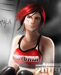  absurdres axouel2009 black_hair boxing_gloves breasts character_name dead_or_alive dead_or_alive_5 eyelashes highres lips mila_(doa) multicolored_hair nose red_eyes red_hair short_hair solo sports_bra sweat watermark web_address 