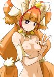  amanogawa_kirara breasts brown_hair cure_twinkle earrings go!_princess_precure jewelry long_hair looking_at_viewer nipples nude precure purple_eyes simple_background small_breasts solo star star-shaped_pupils star_earrings symbol-shaped_pupils twintails v white_background yonekura_hisaki 