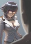  belt black_hair breasts cassio_yoshiyaki devil_may_cry devil_may_cry_4 glasses jewelry lady_(devil_may_cry) lips medium_breasts navel necklace no_bra opaque_glasses over-rim_eyewear pendant semi-rimless_eyewear short_hair sideboob signature solo_focus striped sunglasses vertical_stripes 