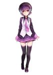  absurdres full_body hat headphones highres karasuba_yomi necktie pleated_skirt purple_eyes purple_hair purple_neckwear short_hair skirt solo thighhighs utane_uta utau white_background 