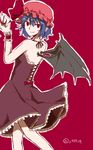  alternate_costume bat_wings blue_hair bow cup dress drinking_glass fang hat highres red_eyes remilia_scarlet ribbon short_hair sketch smile solo syn touhou wine_glass wings 