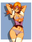  alundra arms_behind_head arms_up breasts bustier contrapposto covered_nipples cowboy_shot genzoman gloves headband large_breasts long_hair meia_(alundra) micro_bikini_top midriff navel orange_eyes orange_hair pointy_ears single_glove smile solo standing tan thigh_gap thighhighs underboob white_legwear wristband 