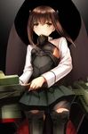  akabane_rin bike_shorts black_background brown_eyes brown_hair cowboy_shot dark_background hair_between_eyes headgear highres kantai_collection long_sleeves looking_at_viewer mecha_musume pleated_skirt skirt solo taihou_(kantai_collection) thighhighs 