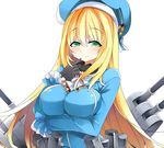  atago_(kantai_collection) bad_id bad_pixiv_id blonde_hair crossed_arms green_eyes hat kantai_collection long_hair looking_at_viewer machinery smile solo turret yostxxx 