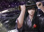  bad_id bad_pixiv_id bangs black_hair fingernails highres holding holding_sword holding_weapon japanese_clothes kimono long_hair looking_at_viewer night original outdoors purple_eyes shisshou_senkoku snowing solo sword upper_body weapon wind 