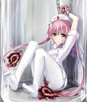  against_wall arms_up blood blood_on_face blush bottle buttons chain cuffs demon_wings ebola-chan encasement feet flower full_body glass guro hair_flower hair_ornament hat highres in_bottle in_container jar long_hair mini_wings no_shoes nurse nurse_cap original pantyhose personification pink_hair restrained ruma_imaginary shackles sitting solo tears twintails uniform white_legwear wings yellow_eyes 