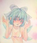  bikini blue_eyes blue_hair bow breasts cirno cleavage collarbone flat_chest front-tie_bikini front-tie_top hair_bow hands_up highres ice ice_wings looking_at_viewer open_mouth pink_background short_hair solo swimsuit touhou traditional_media upper_body watercolor_(medium) white_bikini wings yuyu_(00365676) 