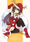  2014 ;p alternate_costume antlers armpits bell black_eyes black_legwear boots brown_hair character_name christmas detached_sleeves dojikko_pose double_bun hao_(patinnko) hat highres kantai_collection kongou_(kantai_collection) long_hair looking_at_viewer merry_christmas one_eye_closed red_footwear reindeer_antlers revision sack santa_costume santa_hat sitting solo thighhighs tongue tongue_out zettai_ryouiki 