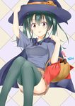  :p basket brown_eyes brown_skirt candy candy_cane food green_legwear grey_hair halloween hat hino_(2nd_life) japanese_clothes kantai_collection looking_at_viewer pleated_skirt skirt smile solo thighhighs tongue tongue_out twintails witch_hat zuikaku_(kantai_collection) 