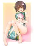  :d bare_legs barefoot brown_eyes brown_hair dakimakura_(object) feet hair_ornament highres open_mouth original panties pillow pillow_hug pink_eyes pink_hair pointy_ears short_hair side_ponytail smile solo underwear underwear_only wacchi 