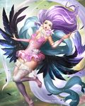  bare_shoulders blue_eyes breasts bustier cleavage cloud dress elbow_gloves flying frilled_skirt frills glint gloves long_hair looking_at_viewer medium_breasts narongchai_singhapand open_mouth pointy_ears purple_hair signature skirt sky solo sparkle wings 