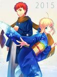  1girl 2015 absurdres ahoge artoria_pendragon_(all) bad_id bad_pixiv_id blonde_hair emiya_shirou fate/stay_night fate_(series) fuyuki_(neigedhiver) green_eyes highres japanese_clothes kimono looking_at_viewer open_mouth red_hair saber scarf short_hair wide_sleeves yellow_eyes 