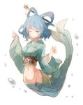  60mai alternate_costume blue_eyes blue_hair bubble flower hair_ornament hair_rings hair_stick kaku_seiga long_sleeves looking_at_viewer mermaid mermaid_costume midriff monster_girl navel obi one_eye_closed sash shirt simple_background smile solo touhou white_background wide_sleeves 