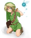  1boy blonde_hair blue_eyes child clenched_hand hat kneeling link looking_at_viewer male male_focus mimitchilove navi ocarina_of_time pointy_ears shiny shiny_skin simple_background solo the_legend_of_zelda the_legend_of_zelda:_ocarina_of_time white_background young_link younger 