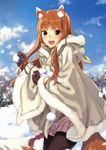  animal_ears blush brown_hair cloak day eyebrows_visible_through_hair fangs highres holo hood hooded_cloak kawakami_rokkaku long_hair looking_at_viewer mittens open_mouth outdoors red_eyes revision smile snow snowball solo spice_and_wolf tail wolf_ears wolf_girl wolf_tail 