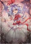  ascot bat_wings blue_hair dress fang hat hat_ribbon headwear_removed mob_cap mosho open_mouth pink_eyes puffy_short_sleeves puffy_sleeves remilia_scarlet ribbon sash short_sleeves smile solo touhou traditional_media watercolor_(medium) white_dress wings wrist_cuffs 