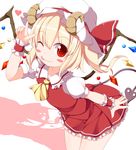  ;p ascot bent_over blonde_hair blush_stickers dress flandre_scarlet hat hat_ribbon headwear_removed heart horns kemonomimi_mode laevatein looking_at_viewer mob_cap nikku_(ra) one_eye_closed puffy_short_sleeves puffy_sleeves red_dress red_eyes ribbon sheep_horns shirt short_sleeves smile solo tongue tongue_out touhou wings wrist_cuffs 