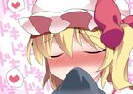  bad_id bad_pixiv_id blonde_hair blush closed_eyes clothes_sniffing commentary flandre_scarlet hair_ribbon hammer_(sunset_beach) hat heart heartbeat implied_masturbation ribbon short_hair side_ponytail smelling solo spoken_heart touhou upper_body 