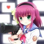  angel_beats! green_eyes gun hairband handgun mochizuki_yomogi pistol purple_hair school_uniform serafuku shinda_sekai_sensen_uniform short_hair weapon yuri_(angel_beats!) 