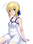  ahoge artoria_pendragon_(all) blonde_hair blush dress fate/stay_night fate_(series) green_eyes highres looking_at_viewer saber skylader smile solo sundress white_background 