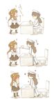  &gt;_&lt; 2girls ahoge bare_shoulders book brown_hair chair closed_eyes covering_face desk detached_sleeves embarrassed english female_admiral_(kantai_collection) hat headgear highres japanese_clothes kantai_collection kneehighs kongou_(kantai_collection) long_hair military military_uniform multiple_girls naval_uniform nontraditional_miko o_o open_mouth peaked_cap pleated_skirt prhs_(hatmaker) reverse_translation skirt smile sparkle translated uniform 