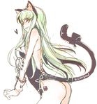 animal_ears arched_back ass bare_back bare_shoulders bow breasts c.c. cat_ears cat_tail code_geass creayus green_hair kittysuit leotard long_hair looking_at_viewer medium_breasts sideboob solo tail tail_bow white_background wrist_cuffs yellow_eyes 