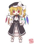  alternate_costume aoi_tobira ascot blonde_hair bow brooch fang flandre_scarlet hat hat_bow jewelry red_eyes solo touhou white_background wings 