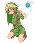  1boy blonde_hair blue_eyes blush child clenched_hand hat kneeling link looking_at_viewer male male_focus mimitchilove navi nipples ocarina_of_time pointy_ears shiny shiny_skin simple_background solo the_legend_of_zelda the_legend_of_zelda:_ocarina_of_time white_background young_link younger 