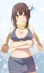  bad_id bad_pixiv_id bikini_skirt breasts breath brown_hair cccpo cleavage cold crossed_arms grin hair_ornament large_breasts midriff navel original scarf smile snow snowing solo stomach yellow_eyes 
