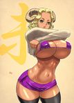  1girl bikini_top black_legwear black_thighhighs blonde_hair breasts curvy female goat_horns green_eyes horns huge_breasts micro_bikini micro_bikini_top navel original purple_bikini shiny_skin shirt shirt_lift short_hair shorts solo standing tenji thighhighs undressing 