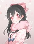  alternate_hairstyle bad_id bad_pixiv_id black_hair blush bow hair_bow hair_down japanese_clothes kimono long_hair looking_at_viewer love_live! love_live!_school_idol_project marin_(myuy_3) pink_scarf red_eyes scarf smile solo yazawa_nico 