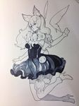  animal_ears black_dress blue_eyes breasts cleavage dress floating frilled_dress frills garters greyscale high_heels leg_garter long_hair medium_breasts mini_wings monochrome open_mouth solo thigh_strap thighhighs wings 