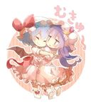  60mai back bat_wings blue_hair blush blush_stickers bow capelet chibi closed_eyes crescent dress fang frills hat hat_bow hat_ribbon hug long_hair long_sleeves looking_at_another mob_cap mukyuu multiple_girls open_mouth patchouli_knowledge pink_dress puffy_sleeves purple_hair remilia_scarlet ribbon shirt shoes short_hair short_sleeves simple_background skirt skirt_set smile text_focus touhou vest wings 