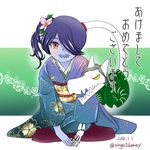  blue_skin flower hair_flower hair_ornament hair_over_one_eye highres japanese_clothes kimono leviathan_(skullgirls) red_eyes ringo_tou_hachimitsu side_ponytail skullgirls squigly_(skullgirls) stitched_mouth zombie 