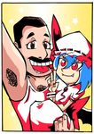  1girl :d armpit_hair bat_wings blue_hair chest_hair commentary english_commentary facial_hair fang freddie_mercury hat mustache open_mouth queen_(band) red_eyes remilia_scarlet setz short_hair smile star touhou v wings 