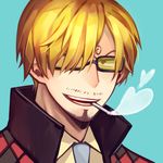  blonde_hair blue_background facial_hair glasses goatee hair_over_one_eye heart necktie one_piece sanji sanme simple_background smoking solo 