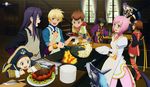  4girls apron chopsticks cooking dog elf estellise_sidos_heurassein flynn_scifo food highres judith karol_capel multiple_boys multiple_girls patty_fleur pink_hair plate pointy_ears raven_(tales) repede rita_mordio smile tales_of_(series) tales_of_vesperia yuri_lowell 