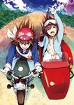  :d ;d blue_eyes bonkara_(sokuseki_maou) brown_eyes brown_hair dress goggles goggles_on_head ground_vehicle helmet jacket long_hair moritomo_nozomi motor_vehicle motorcycle motorcycle_helmet multiple_girls one_eye_closed open_mouth scarf sidecar smile the_rolling_girls utoku_masami wind_turbine windmill 