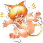  animal_ears barefoot bell bell_collar cat_ears cat_tail collar feet foot_tickling laughing navel nude_filter orange_hair oyatsu_(mk2) short_hair soles tail tickling toes 