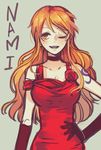  1girl character_name dress gloves hand_on_hip nami nami_(one_piece) one_piece orange_hair red_dress sanme solo wink 