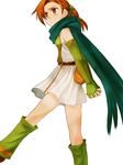  74 bag belt blush boots cape cath elbow_gloves fingerless_gloves fire_emblem fire_emblem:_fuuin_no_tsurugi gloves green_footwear green_gloves green_legwear green_scarf hands_together orange_eyes orange_hair ponytail scarf simple_background skirt solo walking white_background white_skirt 