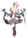  adapted_costume arms_up black_wings blonde_hair boots hair_ribbon highres jacket kuroneko_no_toorimichi long_sleeves navel necktie open_clothes open_jacket red_eyes red_neckwear ribbon rumia shirt skirt solo touhou wings 