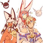  2girls blonde_hair blue_eyes breasts cross crossed_legs dark_skin dog elphelt_valentine eyepatch guilty_gear guilty_gear_xrd hat hisayuki medium_breasts multiple_girls orange_eyes pink_hair ramlethal_valentine short_hair simple_background sin_kiske smile underboob white_background white_hair 