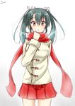 brown_eyes coat cowboy_shot dated grey_hair hair_ribbon hino_(2nd_life) kantai_collection looking_at_viewer pleated_skirt red_scarf red_skirt ribbon scarf simple_background skirt solo twintails twitter_username white_background white_ribbon winter_clothes winter_coat zuikaku_(kantai_collection) 