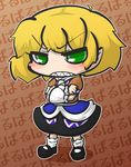  ahoge bad_id bad_pixiv_id blonde_hair blush blush_stickers glaring green_eyes inunoko. mizuhashi_parsee paru_paru sharp_teeth solo teeth touhou translated 