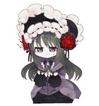  akemi_homura black_hair chibi dress fc_(efushii) flower frown homulilly long_hair mahou_shoujo_madoka_magica mahou_shoujo_madoka_magica_movie purple_eyes simple_background solo spider_lily spoilers white_background witch_(madoka_magica) 