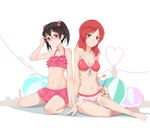  arm_support bad_id bad_pixiv_id ball barefoot beachball bespectacled bikini bikini_skirt black_hair breasts character_name cleavage cocktail collarbone drink frilled_bikini frills front-tie_top glasses heart heart_of_string highres huanxiang_heitu looking_at_viewer love_live! love_live!_school_idol_project medium_breasts multiple_girls navel nishikino_maki pink-framed_eyewear pink_bikini purple_eyes red_bikini red_eyes red_hair sitting smile strap_gap swimsuit thigh_gap twintails yazawa_nico 