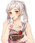  1girl apron bowl chocolate female_my_unit_(fire_emblem:_kakusei) fire_emblem fire_emblem:_kakusei highres holding holding_bowl kamu_(kamuuei) long_hair my_unit_(fire_emblem:_kakusei) nintendo simple_background solo tongue tongue_out twintails upper_body white_background white_hair yellow_eyes 